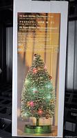 Photo of the box showing product details and description of a 10 inch glitter Christmas tree with 10 LED lights and battery operation.