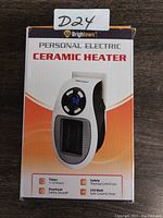 Front view of the Brightown personal electric ceramic heater box showing product image and key features such as timer, safety thermal limit fuse, overheat safety shutoff, and 350 watt safe ceramic heat.