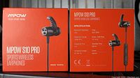 Box front and back views of MPOW S10 PRO Sports Wireless Earphones in orange packaging with model number BH503A and Bluetooth 5.0 specification.