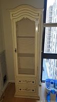 Front view of tall cream cabinet with wire mesh front door and floral drawers.
