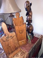 Wooden mail sorter with heart cut-out, small drawer, and wooden recipe card holder engraved with 'Mom'