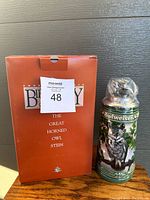 Photo showing the Budweiser Birds of Prey The Great Horned Owl stein next to its original box with clear branding and product name, confirming the stein is new in box.