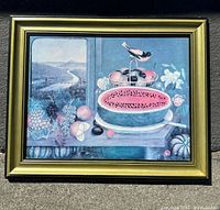 Full view of framed fruit and Baltimore Oriole print showing detailed composition and colors.