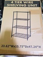 Box front shows image and dimensions of 4 tier wire shelving unit