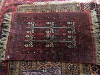 Top view of the hand woven carpet laid flat showing full pattern and fringes.