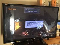Samsung 43 inch plasma TV screen showing HDMI channel with resolution 1920x1080 at 60Hz and cable box error message on screen.