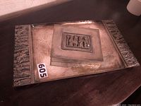 Photo of the silvered copper tray with hinged box on top, showing the size and design details