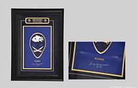 Photo of framed 21x29 vintage goalie mask print, signed by Gerry Desjardins, featuring Buffalo Sabres mask artwork.