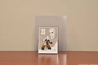 5x7 poster card featuring an illustration of 1970s Toronto Maple Leafs goalie Paul Harrison, number 30, in full goalie gear with a goalie mask illustration above.