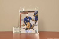 Signed 8x10 photo of Bob Sauve in goalie uniform with 1980 Vezina notation, and certificate of authenticity displayed on table.