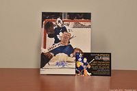 Photo of the signed 8x10 hockey photograph of Mike Palmateer along with the certificate of authenticity card on a wooden surface.