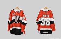 Front view showing B logo, number 36 on sleeves, sponsor patch, signature on front