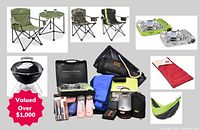 Collage of all camping gear items including three foldable chairs, round table, two portable stoves, charcoal kettle grill, pink tumblers, lantern, hammock pack, blue towel, sleeping bags, cooler and accessories