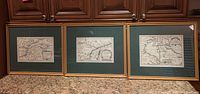 Photo showing all three framed maps together on countertop, each with gold-tone frames and dark green mats.