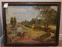 Full view of framed original painting showing riverside scene with horse, boats, trees, and buildings