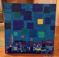 Frontal view of full painting showing geometric squares and skyline