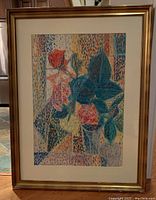 Full view of framed oil pastel artwork showing roses abstracted with geometric shapes and pointillist pattern.