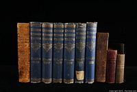 Frontal view of the collection showing all eleven books including eight blue Canadian Methodist Magazine volumes and three smaller antique books with various bindings.