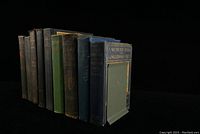 Nine antique or vintage children's books in a row side view showing varied spine colors and wear.