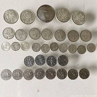 Top down view of all 24 coins laid out in rows by denomination and year on white surface