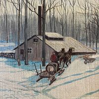 Close up showing the horse drawn wagon approaching the sugar shack in a snowy forest landscape, showing brushwork and texture