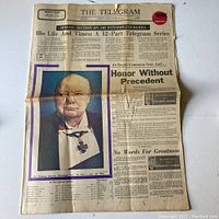 Full front page of The Telegram special edition showing the newspaper title and the headline about Winston Churchill. The image also shows the price, date, and Home Edition marking.