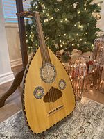 Front view of lute showing light wood top, three decorative rosettes and wooden bridge