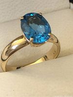Angle view of the ring showing oval blue topaz and yellow gold band
