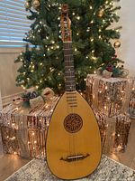 Front view of pear-shaped six-string lute with visible fingerboard and tuning pegs