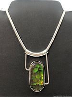 Full view of necklace on black display showing chain and pendant