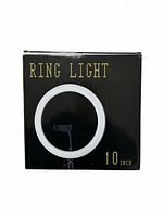 Front view of box showing ring light and phone holder illustration with 'RING LIGHT 10 INCH' text.