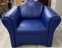 Front view of blue leatherette chair with stitched team logo