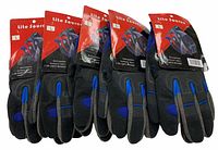 Five pairs of Lite Source mechanic work gloves laid out side by side, showing front and tags.
