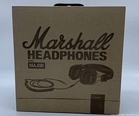 Box of Marshall Major model headphones, brown color, showing brand name and model on front.