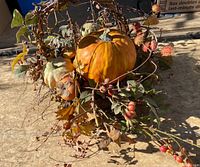 Full view of the autumn decoration basket showing large pumpkin, smaller pumpkin, leaves, berries, twigs
