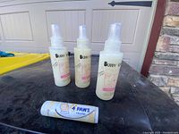 Three bottles of Cloud Star Buddy Spritz pet spray with white spray tops and one 4 Paws sunscreen paw balm stick on a dark surface against a background of garage door and stone wall.