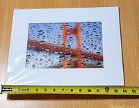 Front of print showing the Golden Gate Bridge through raindrops with measuring tape for size reference