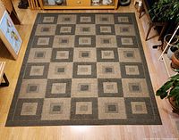 Full top view of rectangular green and beige geometric square pattern area rug laid on wood floor.