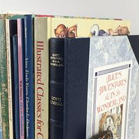 Photo showing spines and covers of multiple children's books including Alice in Wonderland and nursery rhymes, arranged vertically.
