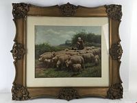 Full front view of the antique ornate picture frame with artwork showing a person and sheep in a rural landscape.