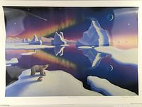 Photo of 'Legend of Aurora' print showing polar bears and northern lights on icy arctic landscape under night sky.