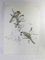 Full front view of the bird print mounted on foam board showing three birds on pine branches with snow