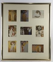 Full view of the framed set of 9 postcard size Gustav Klimt prints with a gold frame and white mat