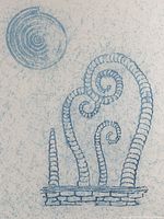 Close-up of blue lithograph print and handmade paper texture showing spiral and tentacle forms