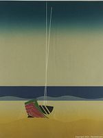 Close-up of the print showing the abstract sailboat and gradient sea and sky background.