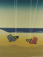 Close-up of the print showing two stylized boats on a beach with a gradient sky and sea.