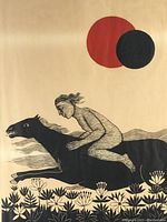 Close-up of woodcut showing nude rider on galloping horse with red and black circular suns above stylized flowers