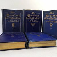 Five hardcover volumes of The Torontonian Society Blue Book and Club List, dated 1921, 1924, 1926, 1927, and 1929, arranged standing and lying down to show covers and thickness.