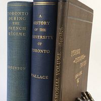 Three hardcover books standing upright showing titles on spines: 'Toronto During the French Regime' by Robinson, 'A History of the University of Toronto' by Wallace, and 'Ryerson Memorial Volume 1844-1876'.