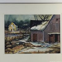 Full frontal view of the framed watercolor painting showing the winter village scene.